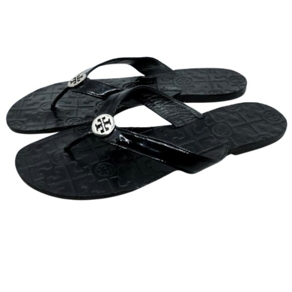 TORY BURCH~Thora~BLACK PATENT LEATHER FLIP FLOP REVA LOGO SANDALS SIZE 10M - Picture 2 of 7